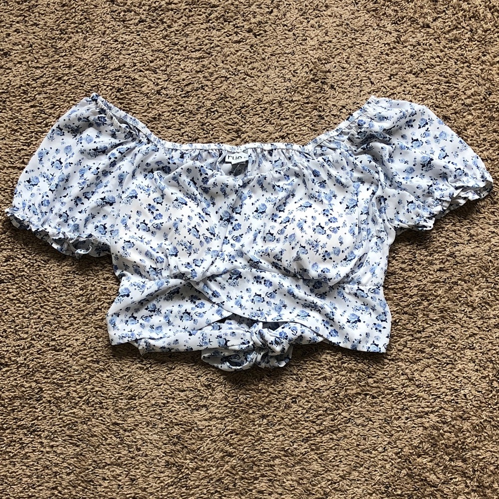 Blue Floral Off-Shoulder Crop Blouse